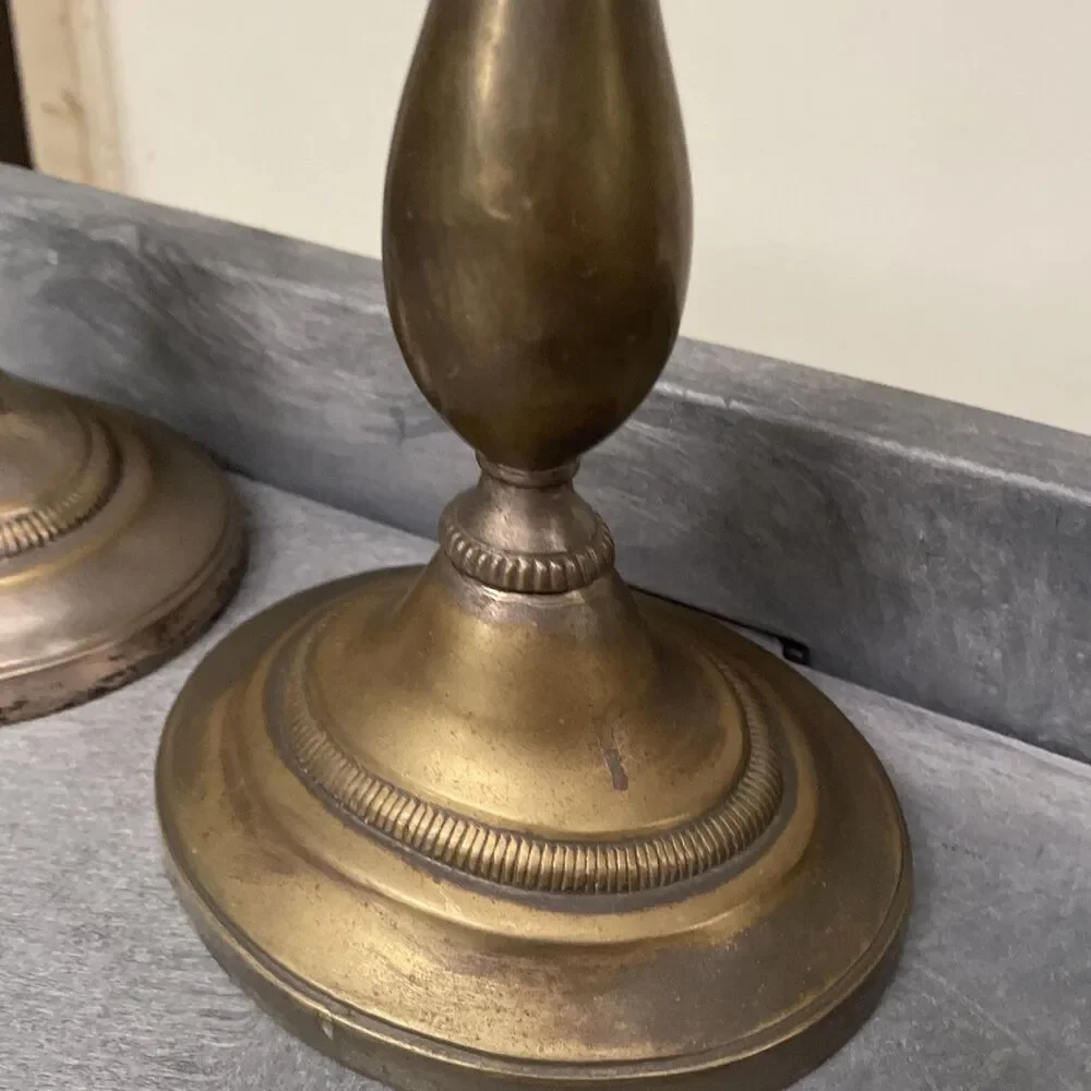 Vintage Silver-Plated Brass Candlesticks with Heavy Patina